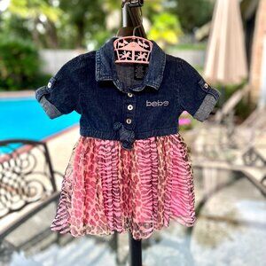 Bebe Girls Denim Dress with Pink and Brown Leopard print. Size 12M